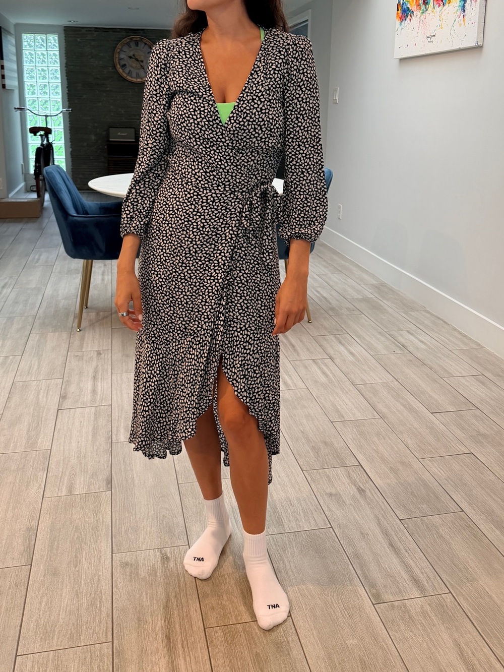 Abercrombie & Fitch Black and White Printed Wrap Midi Dress